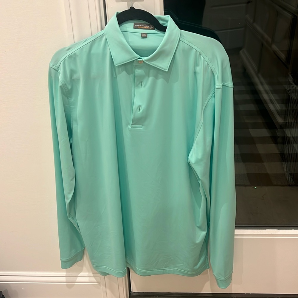 Men’s Peter Millar, summer comfort, long sleeve polo, size, medium - color mint